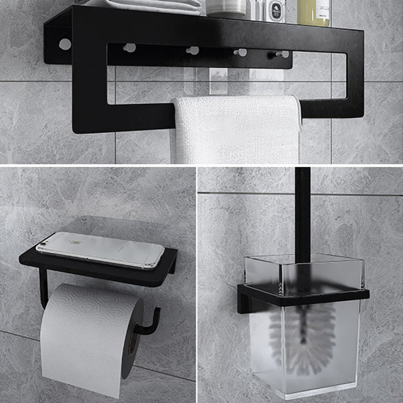 Black 6-Piece Bathroom Accessory Set Modern Shower Curtain Rod / Robe Hook and Towel Bar Towel Rack & Toilet Paper Holder & Toilet Brush Clearhalo 'Bathroom Hardware Sets' 'Bathroom Hardware' 'Bathroom Remodel & Bathroom Fixtures' 'bathroom_hardware_sets' 'Home Improvement' 'home_improvement' 'home_improvement_bathroom_hardware_sets' 6550886