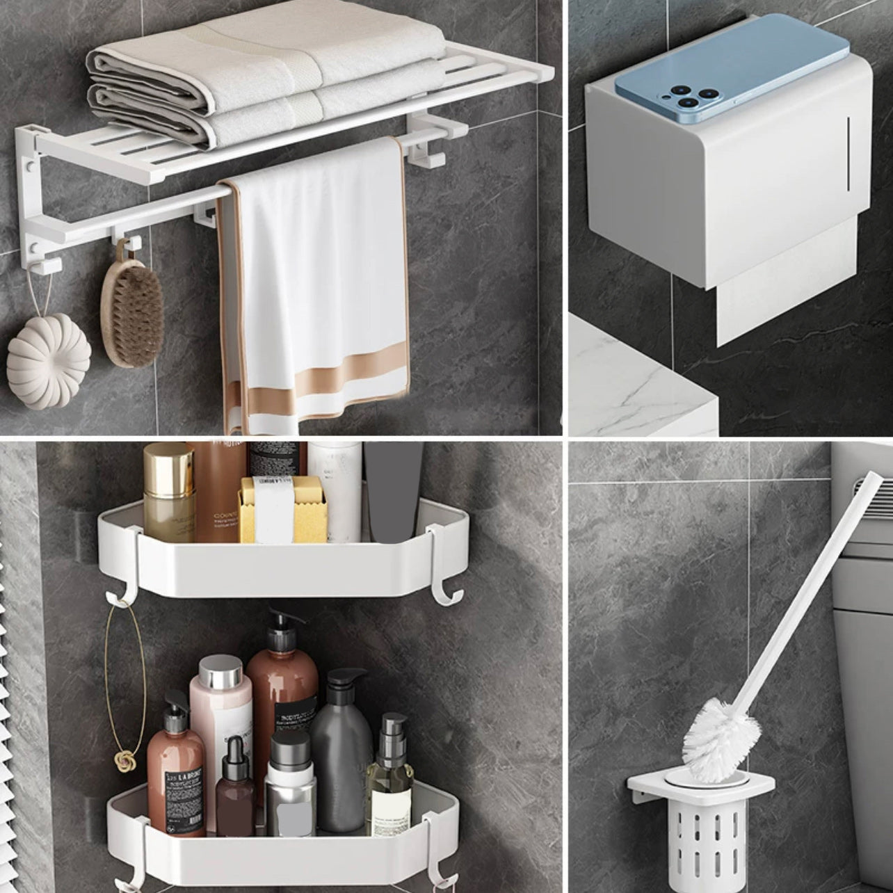Modern White Bathroom Hardware Set Towel Bar Bath Shelf Bath Hardware Set 5-Piece Set(Double Deck Shelves) Clearhalo 'Bathroom Hardware Sets' 'Bathroom Hardware' 'Bathroom Remodel & Bathroom Fixtures' 'bathroom_hardware_sets' 'Home Improvement' 'home_improvement' 'home_improvement_bathroom_hardware_sets' 6550939