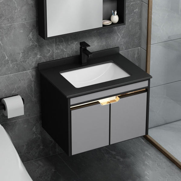 2 Doors Vanity Set Mirror Grey Wall Mount Rectangle Metal Bath Vanity with Single Sink Vanity & Faucet Stone Clearhalo 'Bathroom Remodel & Bathroom Fixtures' 'Bathroom Vanities' 'bathroom_vanities' 'Home Improvement' 'home_improvement' 'home_improvement_bathroom_vanities' 6555421