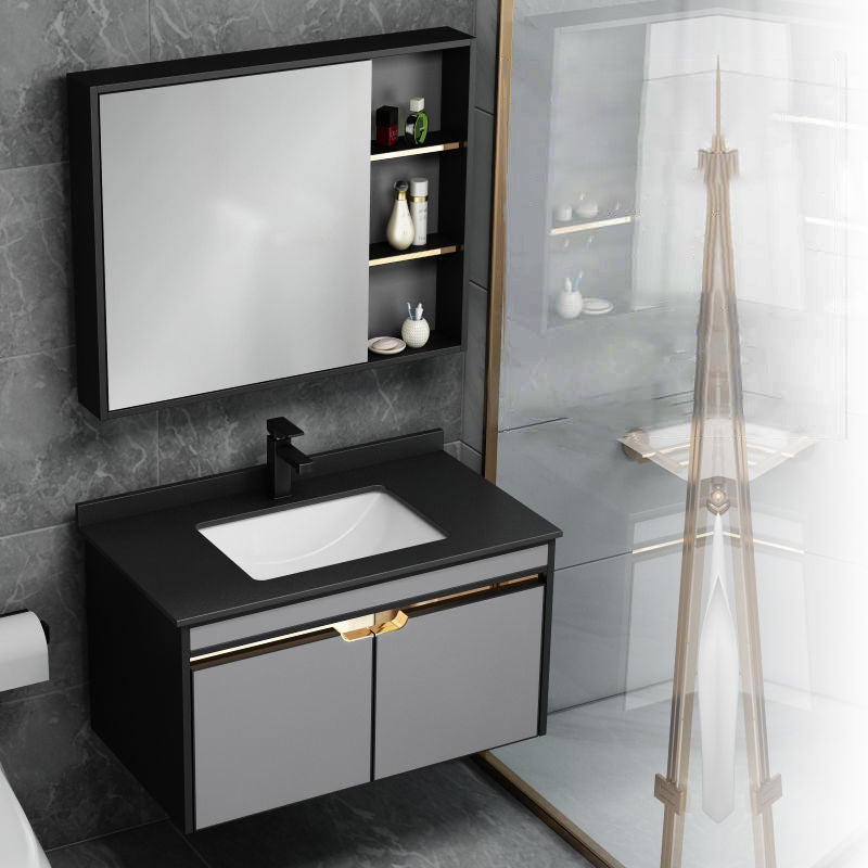 2 Doors Vanity Set Mirror Grey Wall Mount Rectangle Metal Bath Vanity with Single Sink Clearhalo 'Bathroom Remodel & Bathroom Fixtures' 'Bathroom Vanities' 'bathroom_vanities' 'Home Improvement' 'home_improvement' 'home_improvement_bathroom_vanities' 6555422