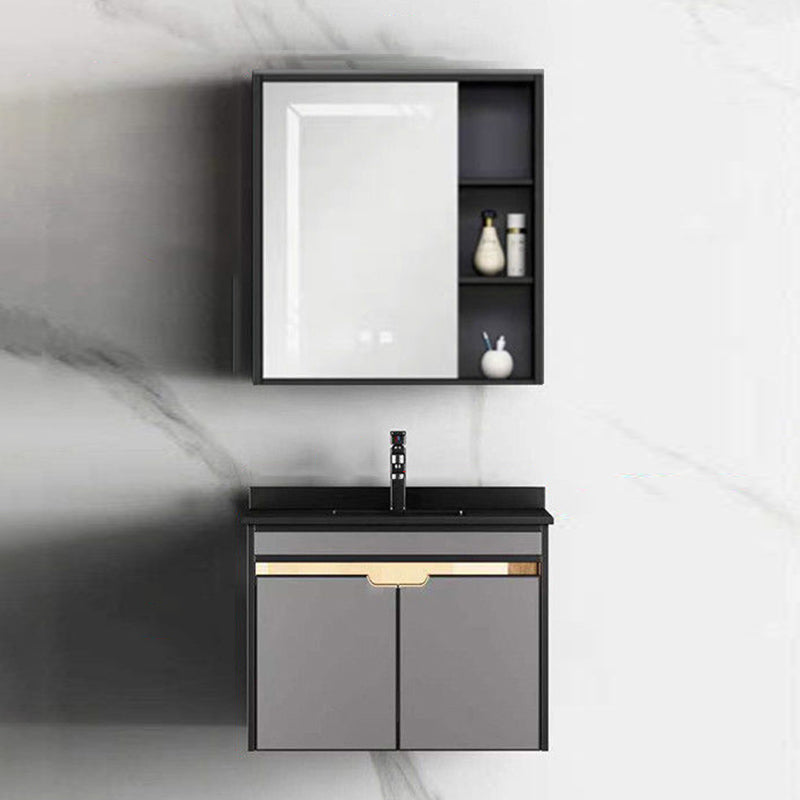 2 Doors Vanity Set Mirror Grey Wall Mount Rectangle Metal Bath Vanity with Single Sink Vanity & Faucet & Smart Medicine Cabinet Stone Clearhalo 'Bathroom Remodel & Bathroom Fixtures' 'Bathroom Vanities' 'bathroom_vanities' 'Home Improvement' 'home_improvement' 'home_improvement_bathroom_vanities' 6555423