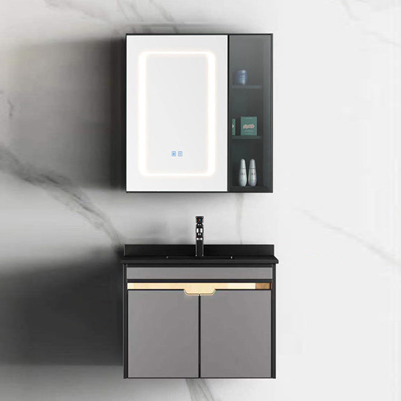 2 Doors Vanity Set Mirror Grey Wall Mount Rectangle Metal Bath Vanity with Single Sink Vanity & Faucet & Fully Sealed Smart Mirror Cabinet Stone Clearhalo 'Bathroom Remodel & Bathroom Fixtures' 'Bathroom Vanities' 'bathroom_vanities' 'Home Improvement' 'home_improvement' 'home_improvement_bathroom_vanities' 6555424