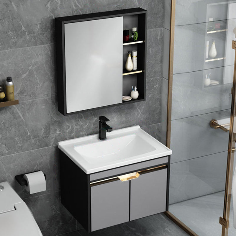2 Doors Vanity Set Mirror Grey Wall Mount Rectangle Metal Bath Vanity with Single Sink Vanity & Faucet & Mirror Cabinet Ceramic Clearhalo 'Bathroom Remodel & Bathroom Fixtures' 'Bathroom Vanities' 'bathroom_vanities' 'Home Improvement' 'home_improvement' 'home_improvement_bathroom_vanities' 6555425