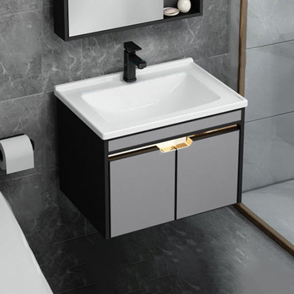 2 Doors Vanity Set Mirror Grey Wall Mount Rectangle Metal Bath Vanity with Single Sink Vanity & Faucet Ceramic Clearhalo 'Bathroom Remodel & Bathroom Fixtures' 'Bathroom Vanities' 'bathroom_vanities' 'Home Improvement' 'home_improvement' 'home_improvement_bathroom_vanities' 6555426