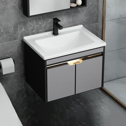 2 Doors Vanity Set Mirror Grey Wall Mount Rectangle Metal Bath Vanity with Single Sink Vanity & Faucet Ceramic Clearhalo 'Bathroom Remodel & Bathroom Fixtures' 'Bathroom Vanities' 'bathroom_vanities' 'Home Improvement' 'home_improvement' 'home_improvement_bathroom_vanities' 6555426