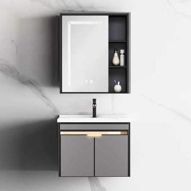 2 Doors Vanity Set Mirror Grey Wall Mount Rectangle Metal Bath Vanity with Single Sink Vanity & Faucet & Smart Medicine Cabinet Ceramic Clearhalo 'Bathroom Remodel & Bathroom Fixtures' 'Bathroom Vanities' 'bathroom_vanities' 'Home Improvement' 'home_improvement' 'home_improvement_bathroom_vanities' 6555427
