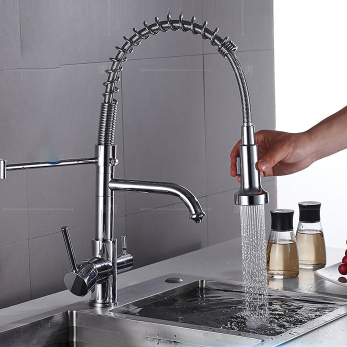 Pull Down Sprayer Kitchen Faucet 2-Handle Bar Faucet with Supply Lines Silver Clearhalo 'Home Improvement' 'home_improvement' 'home_improvement_kitchen_faucets' 'Kitchen Faucets' 'Kitchen Remodel & Kitchen Fixtures' 'Kitchen Sinks & Faucet Components' 'kitchen_faucets' 6558235