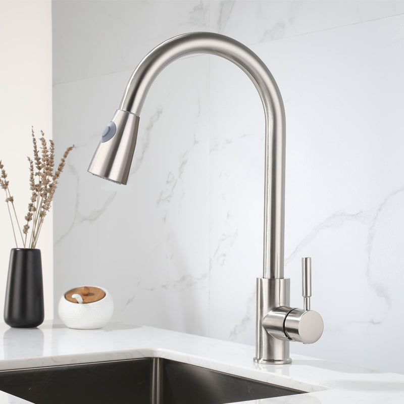 1-Handle Kitchen Faucet Pull down Sprayer with Supply Lines Bar Faucet Silver Gooseneck Clearhalo 'Home Improvement' 'home_improvement' 'home_improvement_kitchen_faucets' 'Kitchen Faucets' 'Kitchen Remodel & Kitchen Fixtures' 'Kitchen Sinks & Faucet Components' 'kitchen_faucets' 6558273
