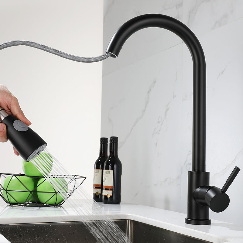 1-Handle Kitchen Faucet Pull down Sprayer with Supply Lines Bar Faucet Black Gooseneck Clearhalo 'Home Improvement' 'home_improvement' 'home_improvement_kitchen_faucets' 'Kitchen Faucets' 'Kitchen Remodel & Kitchen Fixtures' 'Kitchen Sinks & Faucet Components' 'kitchen_faucets' 6558275