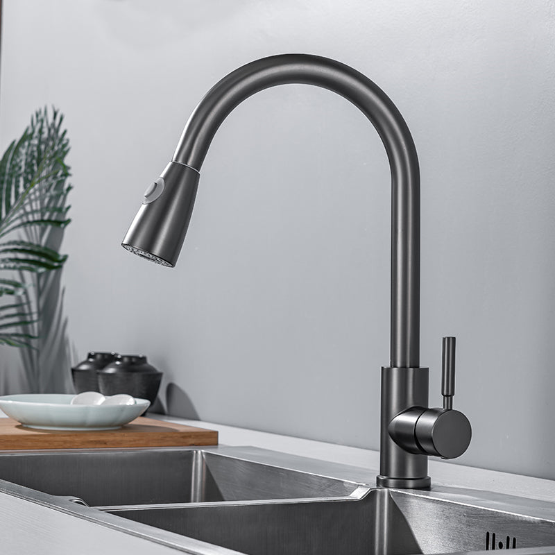 1-Handle Kitchen Faucet Pull down Sprayer with Supply Lines Bar Faucet Brass Smoke Grey Gooseneck Clearhalo 'Home Improvement' 'home_improvement' 'home_improvement_kitchen_faucets' 'Kitchen Faucets' 'Kitchen Remodel & Kitchen Fixtures' 'Kitchen Sinks & Faucet Components' 'kitchen_faucets' 6558277