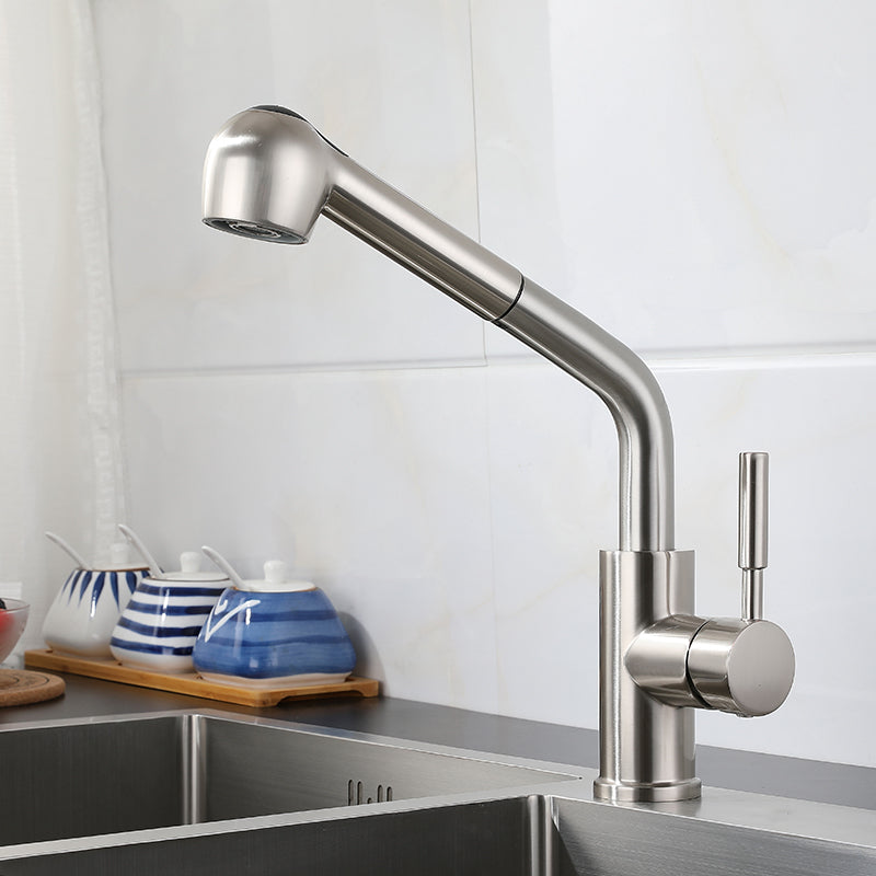 1-Handle Kitchen Faucet Pull down Sprayer with Supply Lines Bar Faucet Silver Pipe Shape Clearhalo 'Home Improvement' 'home_improvement' 'home_improvement_kitchen_faucets' 'Kitchen Faucets' 'Kitchen Remodel & Kitchen Fixtures' 'Kitchen Sinks & Faucet Components' 'kitchen_faucets' 6558286