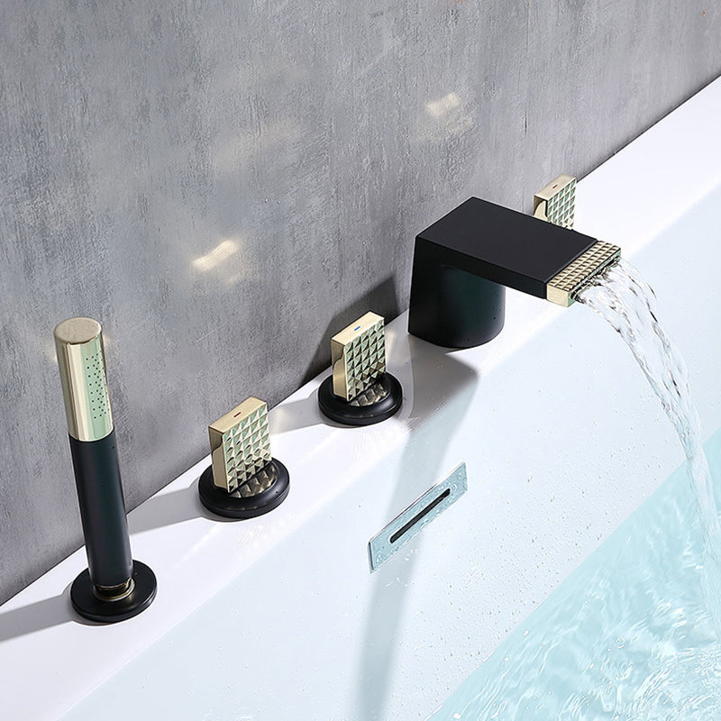 Contemporary Deck Mounted Metal Roman Tub Faucet Low Arc Roman Tub Faucet Set Black-Gold 5 Hole Faucets Clearhalo 'Bathroom Remodel & Bathroom Fixtures' 'Bathtub Faucets' 'bathtub_faucets' 'Home Improvement' 'home_improvement' 'home_improvement_bathtub_faucets' 6558346