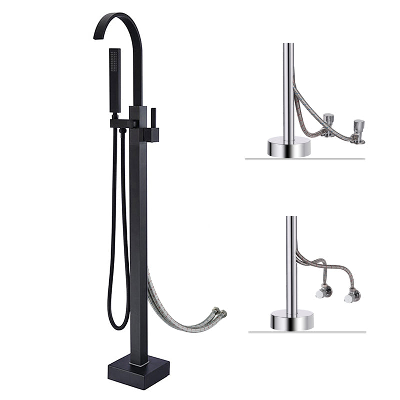 Floor Mounted Copper Freestanding Tub Filler High Arc Freestanding Faucet with Hose Black Curved Wall Clearhalo 'Bathroom Remodel & Bathroom Fixtures' 'Bathtub Faucets' 'bathtub_faucets' 'Home Improvement' 'home_improvement' 'home_improvement_bathtub_faucets' 6558357