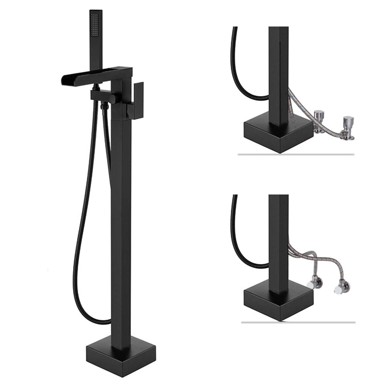 Floor Mounted Copper Freestanding Tub Filler High Arc Freestanding Faucet with Hose Black Square Rectangle Wall Clearhalo 'Bathroom Remodel & Bathroom Fixtures' 'Bathtub Faucets' 'bathtub_faucets' 'Home Improvement' 'home_improvement' 'home_improvement_bathtub_faucets' 6558363