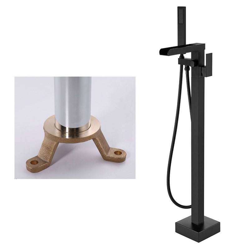 Floor Mounted Copper Freestanding Tub Filler High Arc Freestanding Faucet with Hose Black Square Rectangle Ground Clearhalo 'Bathroom Remodel & Bathroom Fixtures' 'Bathtub Faucets' 'bathtub_faucets' 'Home Improvement' 'home_improvement' 'home_improvement_bathtub_faucets' 6558365