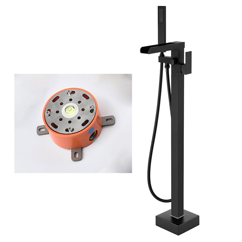 Floor Mounted Copper Freestanding Tub Filler High Arc Freestanding Faucet with Hose Black Square Rectangle Rre-embedded Clearhalo 'Bathroom Remodel & Bathroom Fixtures' 'Bathtub Faucets' 'bathtub_faucets' 'Home Improvement' 'home_improvement' 'home_improvement_bathtub_faucets' 6558367