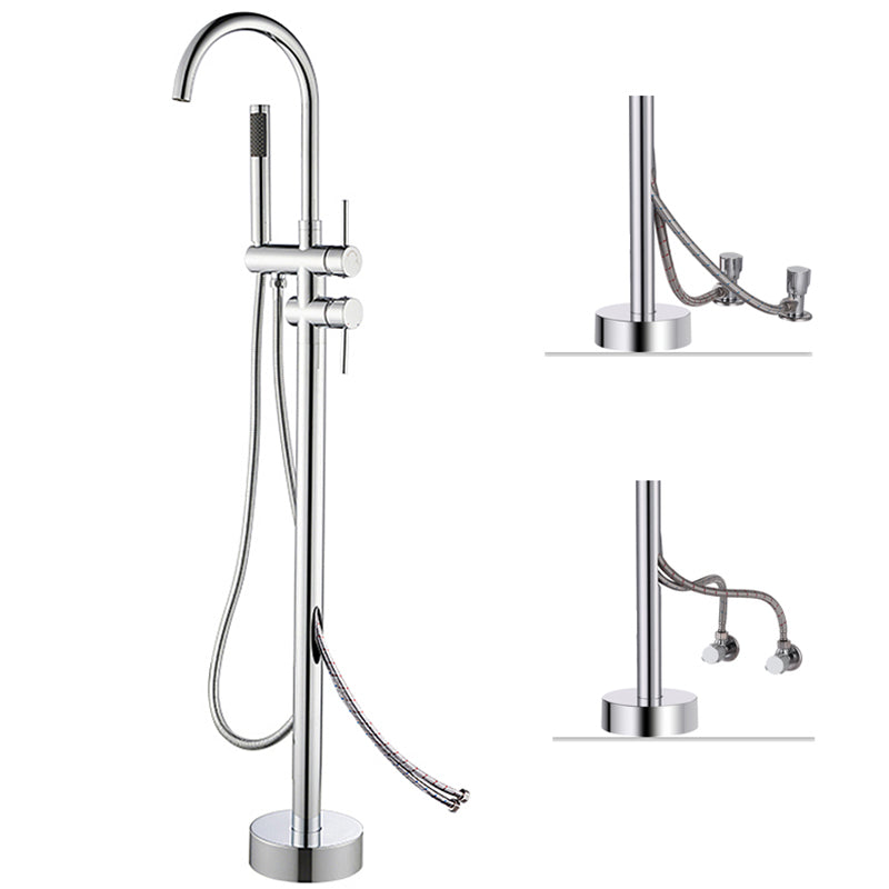 Floor Mounted Copper Freestanding Tub Filler High Arc Freestanding Faucet with Hose Silver Round Wall Clearhalo 'Bathroom Remodel & Bathroom Fixtures' 'Bathtub Faucets' 'bathtub_faucets' 'Home Improvement' 'home_improvement' 'home_improvement_bathtub_faucets' 6558374