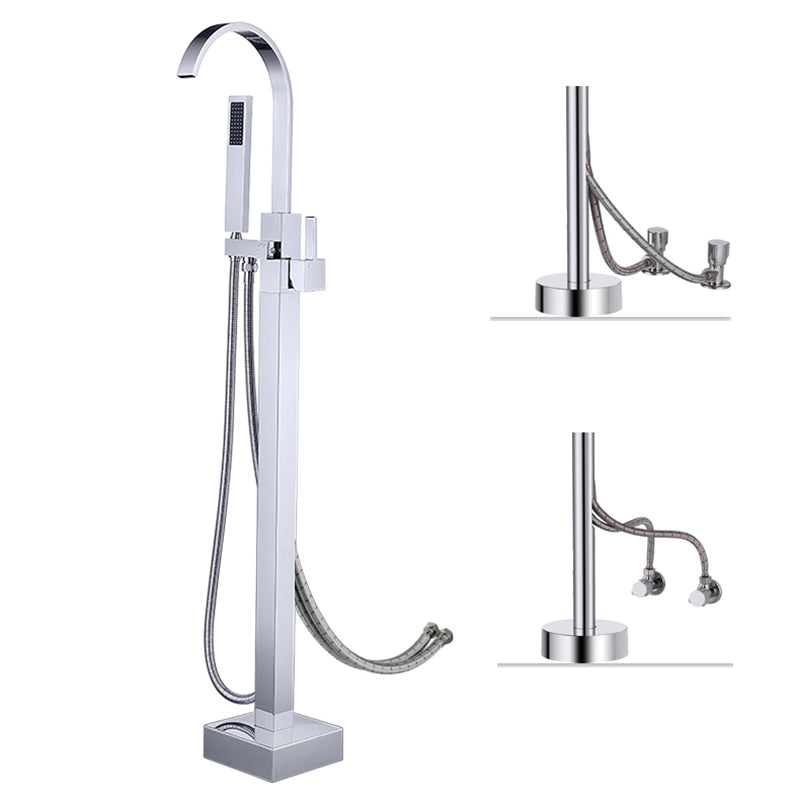 Floor Mounted Copper Freestanding Tub Filler High Arc Freestanding Faucet with Hose Silver Curved Wall Clearhalo 'Bathroom Remodel & Bathroom Fixtures' 'Bathtub Faucets' 'bathtub_faucets' 'Home Improvement' 'home_improvement' 'home_improvement_bathtub_faucets' 6558380