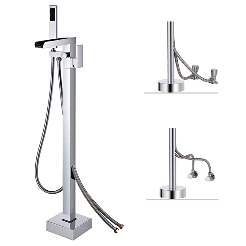 Floor Mounted Copper Freestanding Tub Filler High Arc Freestanding Faucet with Hose Silver Square Rectangle Wall Clearhalo 'Bathroom Remodel & Bathroom Fixtures' 'Bathtub Faucets' 'bathtub_faucets' 'Home Improvement' 'home_improvement' 'home_improvement_bathtub_faucets' 6558385