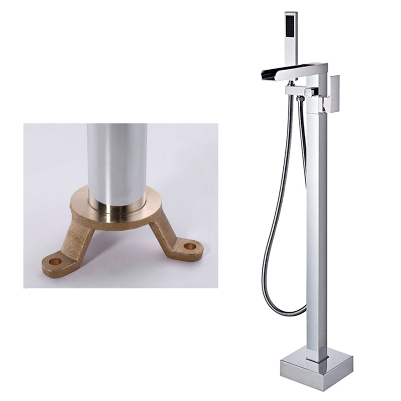 Floor Mounted Copper Freestanding Tub Filler High Arc Freestanding Faucet with Hose Silver Square Rectangle Ground Clearhalo 'Bathroom Remodel & Bathroom Fixtures' 'Bathtub Faucets' 'bathtub_faucets' 'Home Improvement' 'home_improvement' 'home_improvement_bathtub_faucets' 6558386