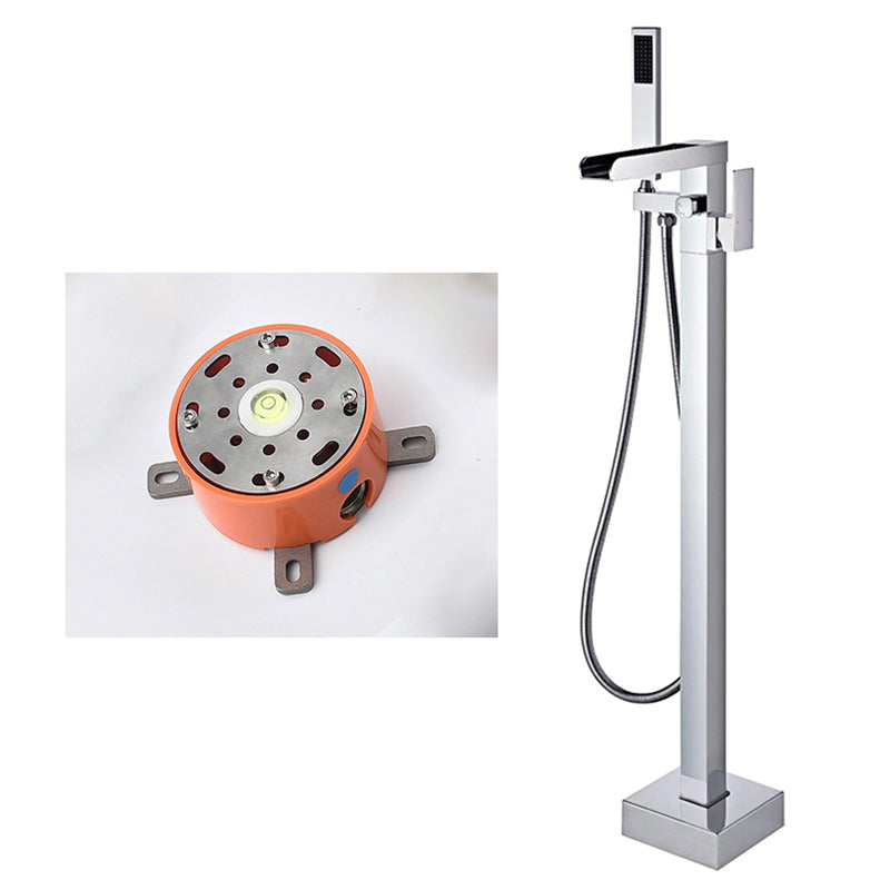 Floor Mounted Copper Freestanding Tub Filler High Arc Freestanding Faucet with Hose Silver Square Rectangle Rre-embedded Clearhalo 'Bathroom Remodel & Bathroom Fixtures' 'Bathtub Faucets' 'bathtub_faucets' 'Home Improvement' 'home_improvement' 'home_improvement_bathtub_faucets' 6558387