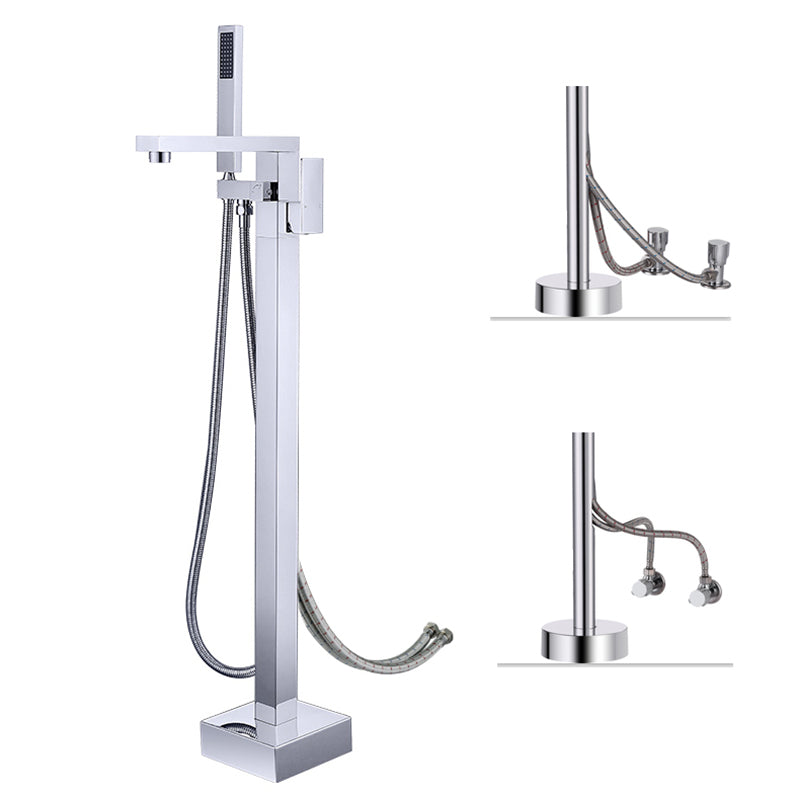 Floor Mounted Copper Freestanding Tub Filler High Arc Freestanding Faucet with Hose Silver Flat Wall Clearhalo 'Bathroom Remodel & Bathroom Fixtures' 'Bathtub Faucets' 'bathtub_faucets' 'Home Improvement' 'home_improvement' 'home_improvement_bathtub_faucets' 6558388