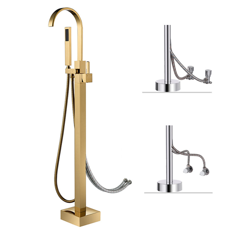 Floor Mounted Copper Freestanding Tub Filler High Arc Freestanding Faucet with Hose Gold Curved Wall Clearhalo 'Bathroom Remodel & Bathroom Fixtures' 'Bathtub Faucets' 'bathtub_faucets' 'Home Improvement' 'home_improvement' 'home_improvement_bathtub_faucets' 6558391