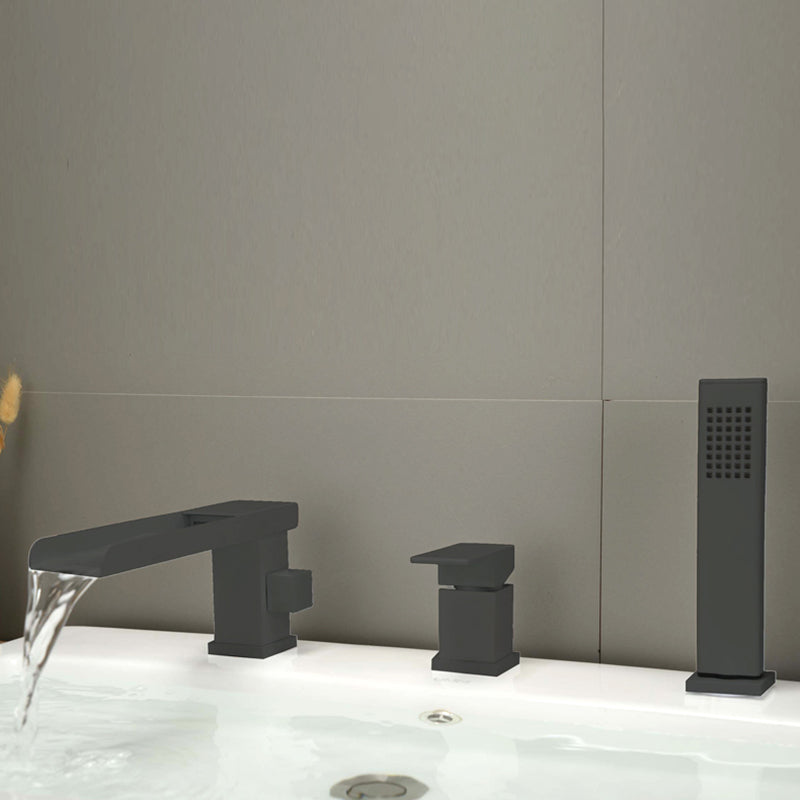 Modern Deck Mounted Metal Freestanding Tub Filler Waterfall Freestanding Faucet Black 3 Hole Faucets Clearhalo 'Bathroom Remodel & Bathroom Fixtures' 'Bathtub Faucets' 'bathtub_faucets' 'Home Improvement' 'home_improvement' 'home_improvement_bathtub_faucets' 6558401