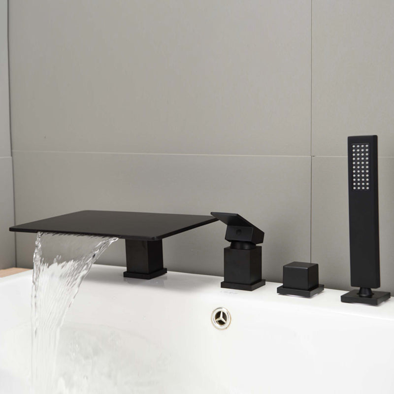 Modern Deck Mounted Metal Freestanding Tub Filler Waterfall Freestanding Faucet Black 4 Hole Faucets Clearhalo 'Bathroom Remodel & Bathroom Fixtures' 'Bathtub Faucets' 'bathtub_faucets' 'Home Improvement' 'home_improvement' 'home_improvement_bathtub_faucets' 6558403