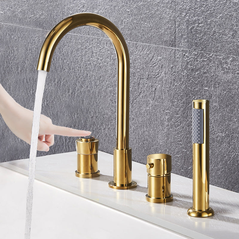 Contemporary Deck Mounted Metal Freestanding Tub Filler High Arc Freestanding Faucet Clearhalo 'Bathroom Remodel & Bathroom Fixtures' 'Bathtub Faucets' 'bathtub_faucets' 'Home Improvement' 'home_improvement' 'home_improvement_bathtub_faucets' 6558426