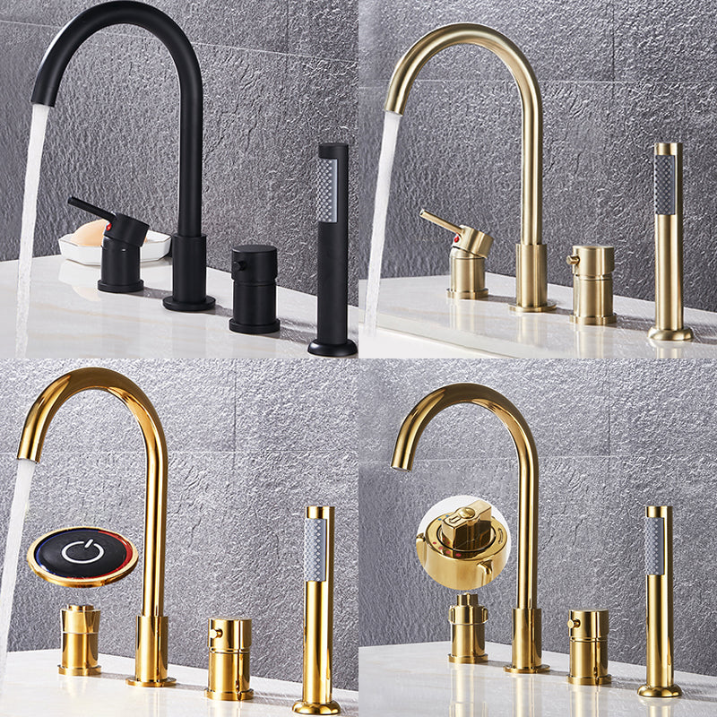 Contemporary Deck Mounted Metal Freestanding Tub Filler High Arc Freestanding Faucet Clearhalo 'Bathroom Remodel & Bathroom Fixtures' 'Bathtub Faucets' 'bathtub_faucets' 'Home Improvement' 'home_improvement' 'home_improvement_bathtub_faucets' 6558428