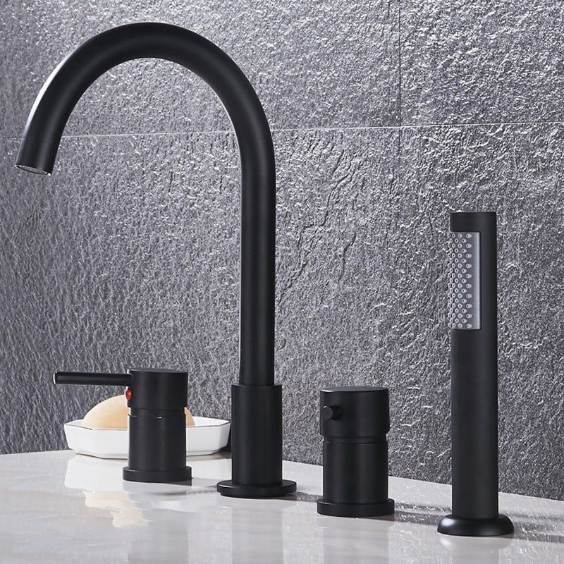 Contemporary Deck Mounted Metal Freestanding Tub Filler High Arc Freestanding Faucet Black Lever Handles 4 Hole Faucets Clearhalo 'Bathroom Remodel & Bathroom Fixtures' 'Bathtub Faucets' 'bathtub_faucets' 'Home Improvement' 'home_improvement' 'home_improvement_bathtub_faucets' 6558429