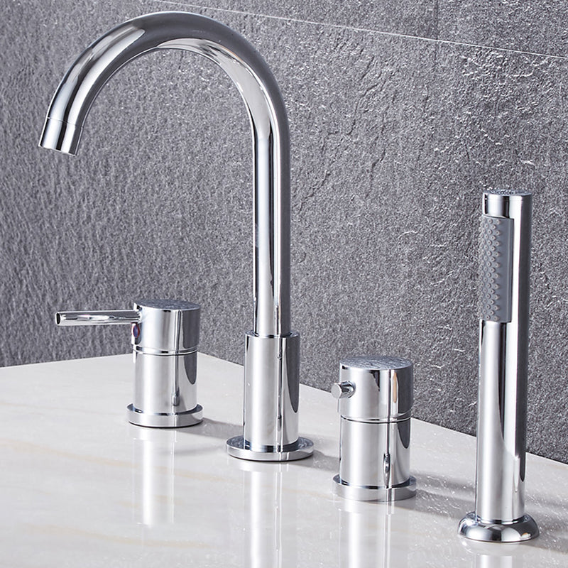 Contemporary Deck Mounted Metal Freestanding Tub Filler High Arc Freestanding Faucet Silver Lever Handles 4 Hole Faucets Clearhalo 'Bathroom Remodel & Bathroom Fixtures' 'Bathtub Faucets' 'bathtub_faucets' 'Home Improvement' 'home_improvement' 'home_improvement_bathtub_faucets' 6558431