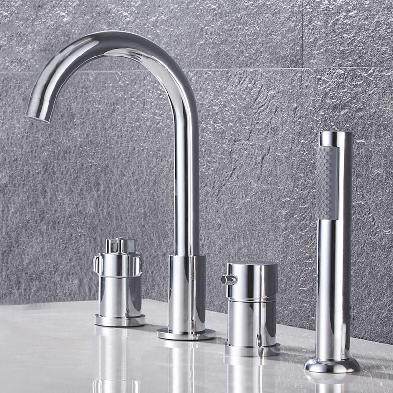 Contemporary Deck Mounted Metal Freestanding Tub Filler High Arc Freestanding Faucet Silver Knob Handles 4 Hole Faucets Clearhalo 'Bathroom Remodel & Bathroom Fixtures' 'Bathtub Faucets' 'bathtub_faucets' 'Home Improvement' 'home_improvement' 'home_improvement_bathtub_faucets' 6558433