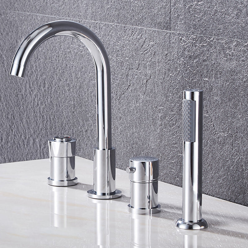 Contemporary Deck Mounted Metal Freestanding Tub Filler High Arc Freestanding Faucet Silver Push Button 4 Hole Faucets Clearhalo 'Bathroom Remodel & Bathroom Fixtures' 'Bathtub Faucets' 'bathtub_faucets' 'Home Improvement' 'home_improvement' 'home_improvement_bathtub_faucets' 6558434
