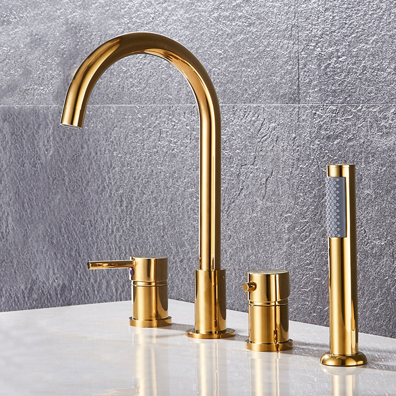 Contemporary Deck Mounted Metal Freestanding Tub Filler High Arc Freestanding Faucet Gold Lever Handles 4 Hole Faucets Clearhalo 'Bathroom Remodel & Bathroom Fixtures' 'Bathtub Faucets' 'bathtub_faucets' 'Home Improvement' 'home_improvement' 'home_improvement_bathtub_faucets' 6558437