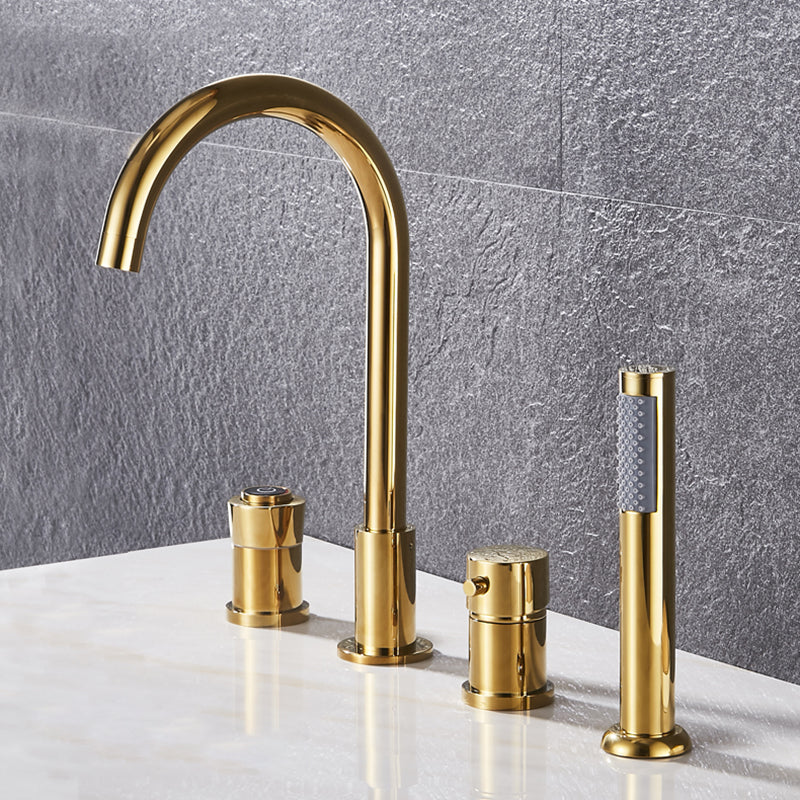 Contemporary Deck Mounted Metal Freestanding Tub Filler High Arc Freestanding Faucet Gold Knob Handles 4 Hole Faucets Clearhalo 'Bathroom Remodel & Bathroom Fixtures' 'Bathtub Faucets' 'bathtub_faucets' 'Home Improvement' 'home_improvement' 'home_improvement_bathtub_faucets' 6558439