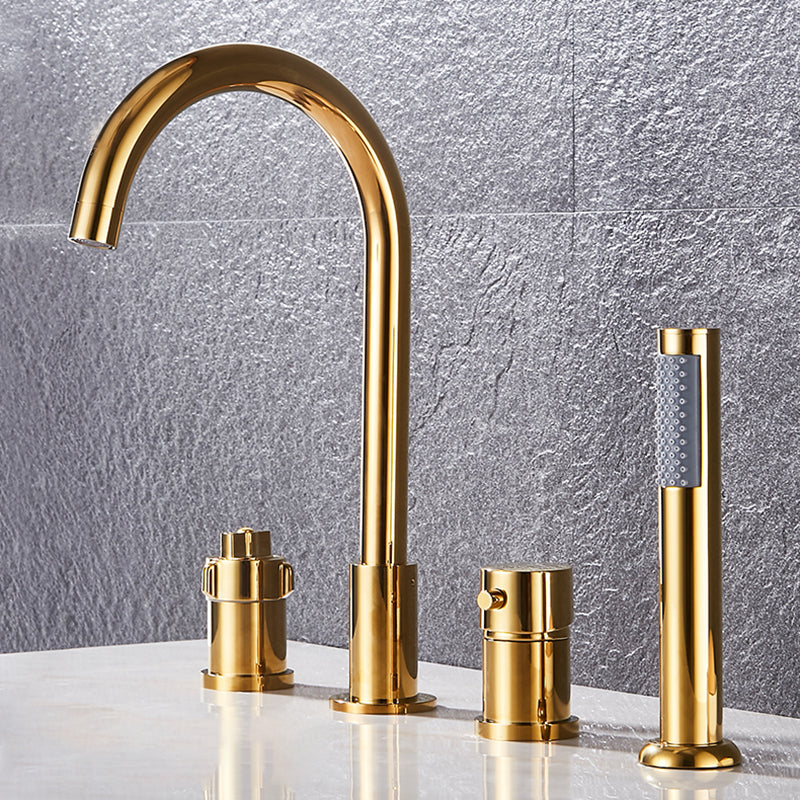 Contemporary Deck Mounted Metal Freestanding Tub Filler High Arc Freestanding Faucet Gold Push Button 4 Hole Faucets Clearhalo 'Bathroom Remodel & Bathroom Fixtures' 'Bathtub Faucets' 'bathtub_faucets' 'Home Improvement' 'home_improvement' 'home_improvement_bathtub_faucets' 6558441