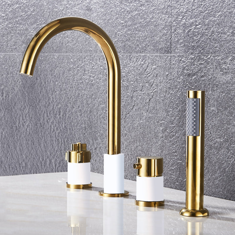 Contemporary Deck Mounted Metal Freestanding Tub Filler High Arc Freestanding Faucet White-Gold Knob Handles 4 Hole Faucets Clearhalo 'Bathroom Remodel & Bathroom Fixtures' 'Bathtub Faucets' 'bathtub_faucets' 'Home Improvement' 'home_improvement' 'home_improvement_bathtub_faucets' 6558443