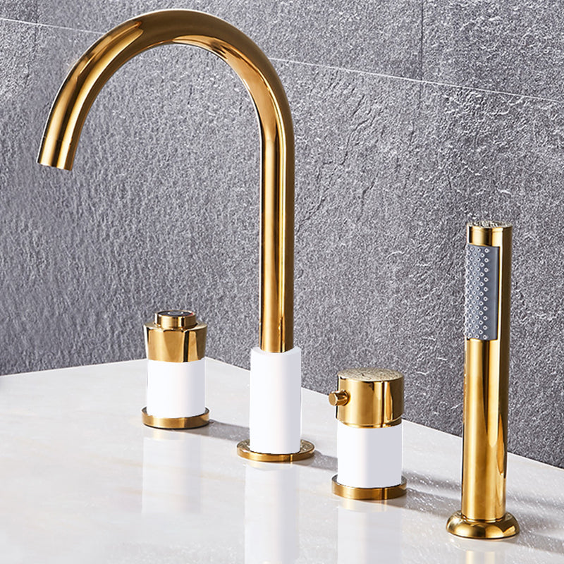 Contemporary Deck Mounted Metal Freestanding Tub Filler High Arc Freestanding Faucet White-Gold Push Button 4 Hole Faucets Clearhalo 'Bathroom Remodel & Bathroom Fixtures' 'Bathtub Faucets' 'bathtub_faucets' 'Home Improvement' 'home_improvement' 'home_improvement_bathtub_faucets' 6558445