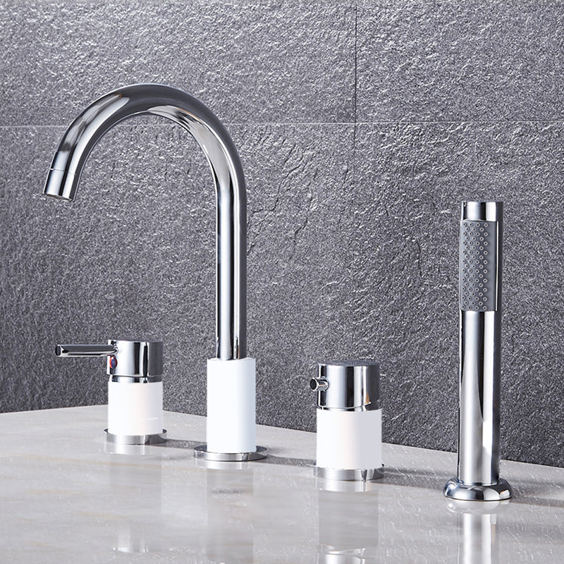 Contemporary Deck Mounted Metal Freestanding Tub Filler High Arc Freestanding Faucet White-Silver Lever Handles 4 Hole Faucets Clearhalo 'Bathroom Remodel & Bathroom Fixtures' 'Bathtub Faucets' 'bathtub_faucets' 'Home Improvement' 'home_improvement' 'home_improvement_bathtub_faucets' 6558447