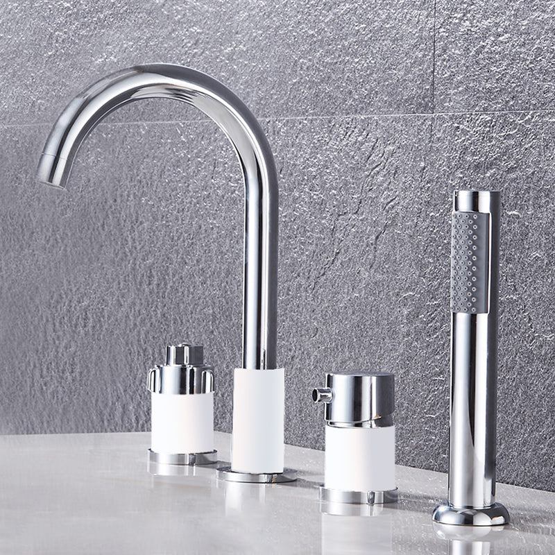 Contemporary Deck Mounted Metal Freestanding Tub Filler High Arc Freestanding Faucet White-Silver Knob Handles 4 Hole Faucets Clearhalo 'Bathroom Remodel & Bathroom Fixtures' 'Bathtub Faucets' 'bathtub_faucets' 'Home Improvement' 'home_improvement' 'home_improvement_bathtub_faucets' 6558448