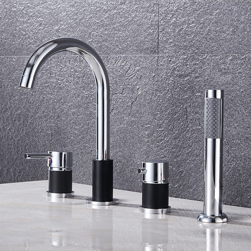 Contemporary Deck Mounted Metal Freestanding Tub Filler High Arc Freestanding Faucet Silver Black Lever Handles 4 Hole Faucets Clearhalo 'Bathroom Remodel & Bathroom Fixtures' 'Bathtub Faucets' 'bathtub_faucets' 'Home Improvement' 'home_improvement' 'home_improvement_bathtub_faucets' 6558454