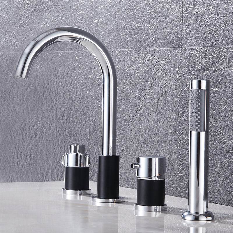 Contemporary Deck Mounted Metal Freestanding Tub Filler High Arc Freestanding Faucet Silver Black Knob Handles 4 Hole Faucets Clearhalo 'Bathroom Remodel & Bathroom Fixtures' 'Bathtub Faucets' 'bathtub_faucets' 'Home Improvement' 'home_improvement' 'home_improvement_bathtub_faucets' 6558456