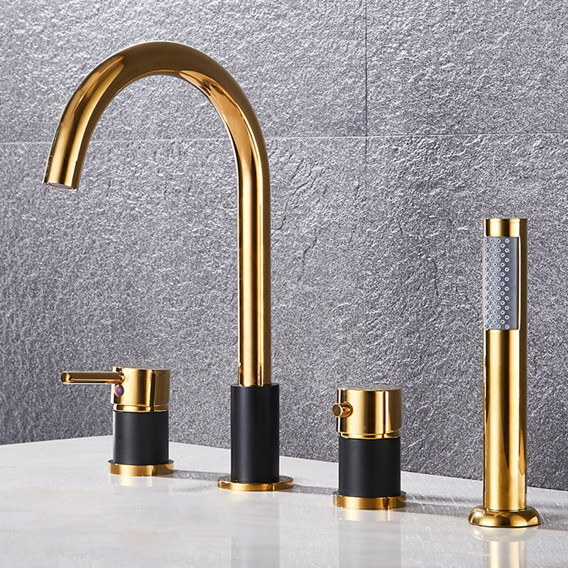 Contemporary Deck Mounted Metal Freestanding Tub Filler High Arc Freestanding Faucet Black-Gold Lever Handles 4 Hole Faucets Clearhalo 'Bathroom Remodel & Bathroom Fixtures' 'Bathtub Faucets' 'bathtub_faucets' 'Home Improvement' 'home_improvement' 'home_improvement_bathtub_faucets' 6558458