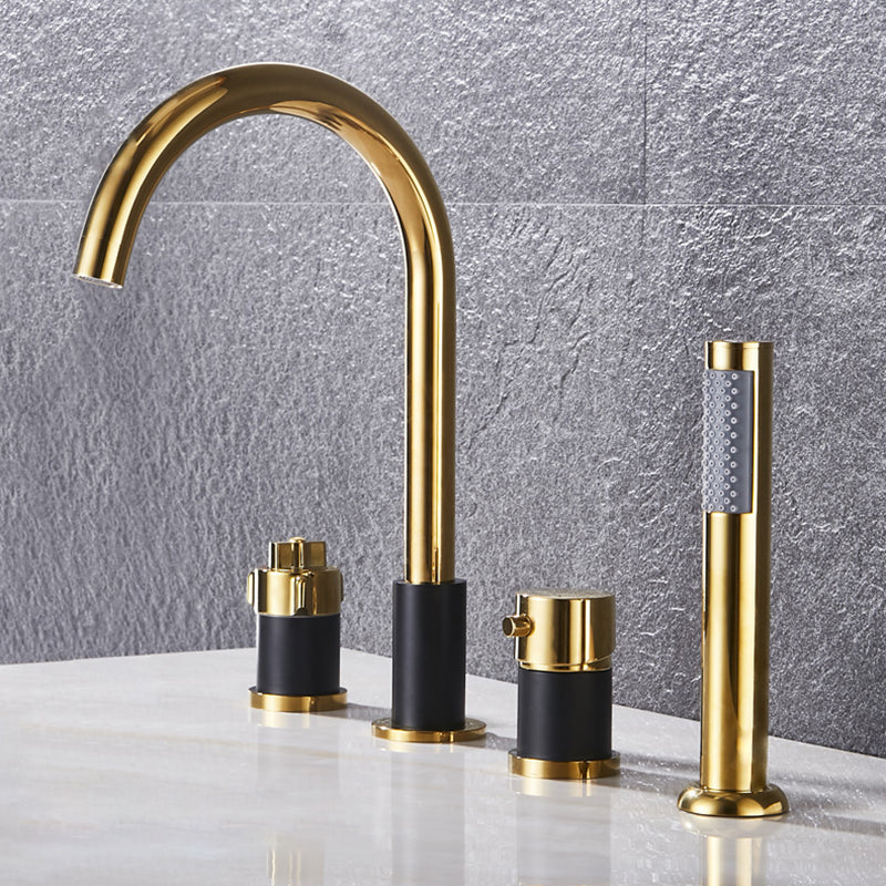 Contemporary Deck Mounted Metal Freestanding Tub Filler High Arc Freestanding Faucet Black-Gold Knob Handles 4 Hole Faucets Clearhalo 'Bathroom Remodel & Bathroom Fixtures' 'Bathtub Faucets' 'bathtub_faucets' 'Home Improvement' 'home_improvement' 'home_improvement_bathtub_faucets' 6558459