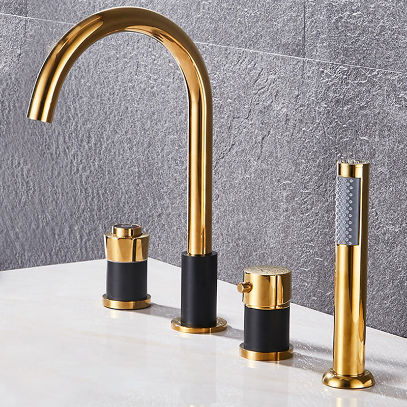 Contemporary Deck Mounted Metal Freestanding Tub Filler High Arc Freestanding Faucet Black-Gold Push Button 4 Hole Faucets Clearhalo 'Bathroom Remodel & Bathroom Fixtures' 'Bathtub Faucets' 'bathtub_faucets' 'Home Improvement' 'home_improvement' 'home_improvement_bathtub_faucets' 6558460