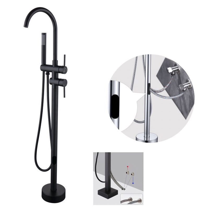 Floor Mounted Copper Freestanding Tub Filler Simple High Arc Freestanding Tub Filler Trim Black Hand Shower Included Wall Clearhalo 'Bathroom Remodel & Bathroom Fixtures' 'Bathtub Faucets' 'bathtub_faucets' 'Home Improvement' 'home_improvement' 'home_improvement_bathtub_faucets' 6558540