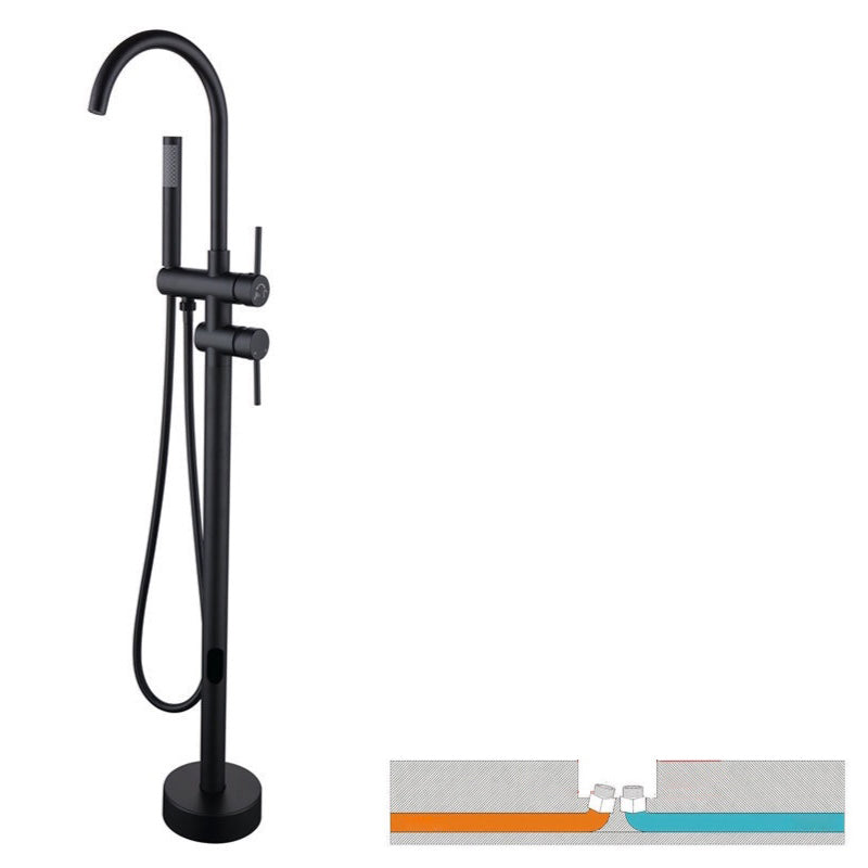 Floor Mounted Copper Freestanding Tub Filler Simple High Arc Freestanding Tub Filler Trim Black Hand Shower Included Ground Clearhalo 'Bathroom Remodel & Bathroom Fixtures' 'Bathtub Faucets' 'bathtub_faucets' 'Home Improvement' 'home_improvement' 'home_improvement_bathtub_faucets' 6558541