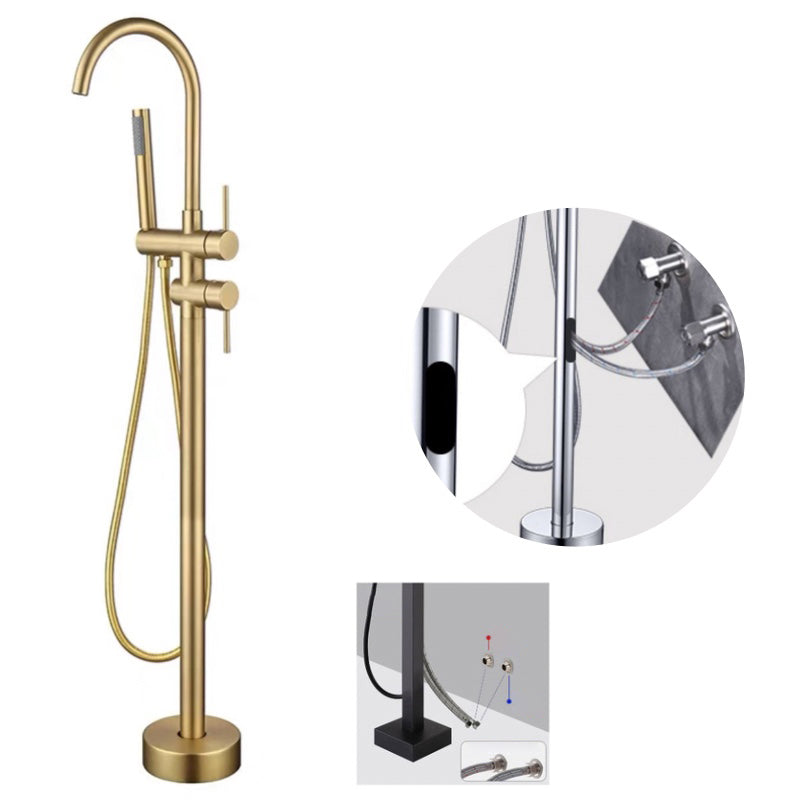 Floor Mounted Copper Freestanding Tub Filler Simple High Arc Freestanding Tub Filler Trim Gold Hand Shower Included Wall Clearhalo 'Bathroom Remodel & Bathroom Fixtures' 'Bathtub Faucets' 'bathtub_faucets' 'Home Improvement' 'home_improvement' 'home_improvement_bathtub_faucets' 6558565